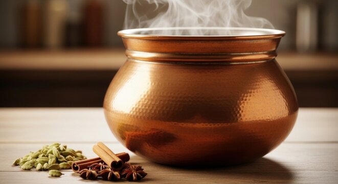 Traditional Copper Pot Steaming Herbs and Spices on Wooden Surface