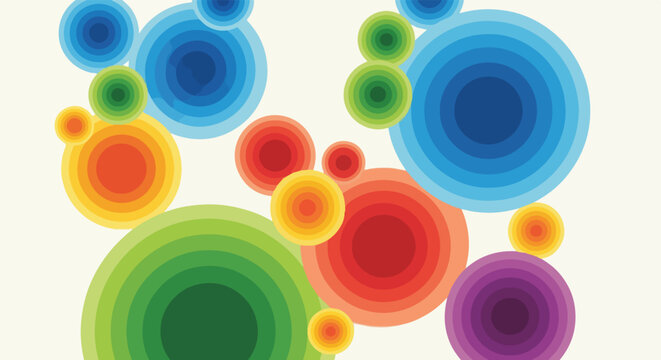 Colorful, layered concentric circles in shades of red, green, blue, yellow, and purple