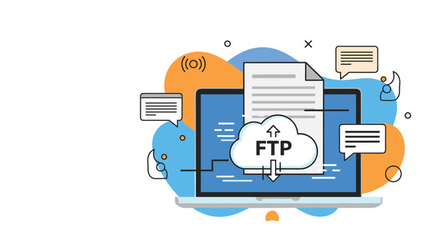 File transfer protocol concept shown on a laptop screen with cloud storage icons and digital communication speech bubbles.