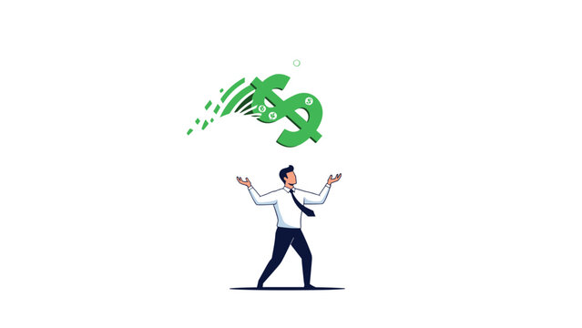 Ambitious businessman looking up at a large green flying dollar sign with wings representing financial goals and money chasing.