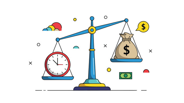 Balanced scale weighing a red wall clock against a brown money bag with a dollar sign representing the concept of time is money.