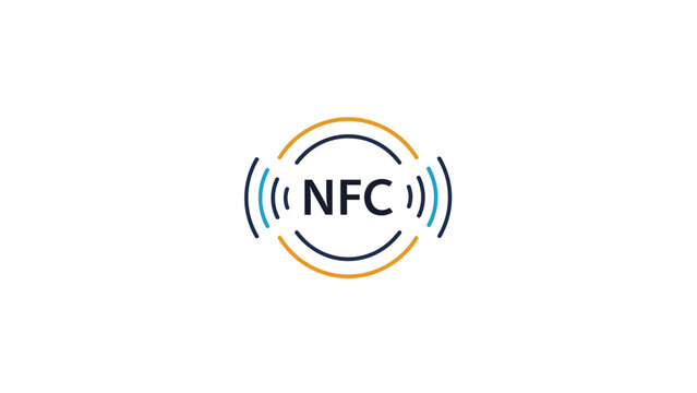 Blue and yellow nfc logo with signal waves representing near field communication technology for contactless payments and data sharing.