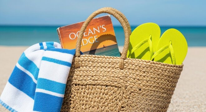 Beach vacation essentials in woven tote bag on sandy shore