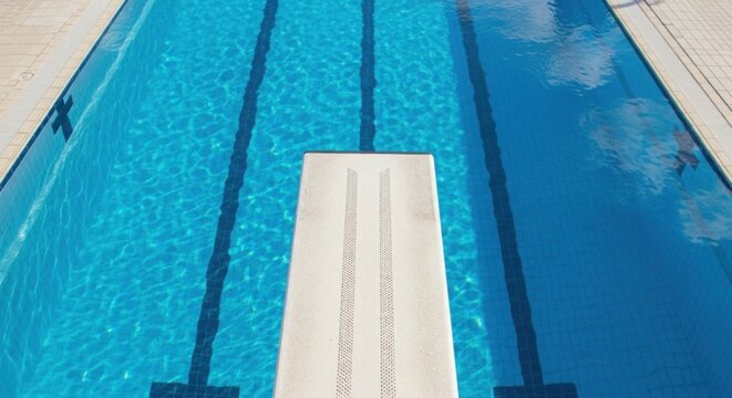 Aerial view of swimming pool lane markers and diving starting block