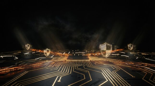 Cybersecurity and data protection concept, 3D render of digital shields on circuit board. Cloud defense, firewall encryption and information technology safety.
