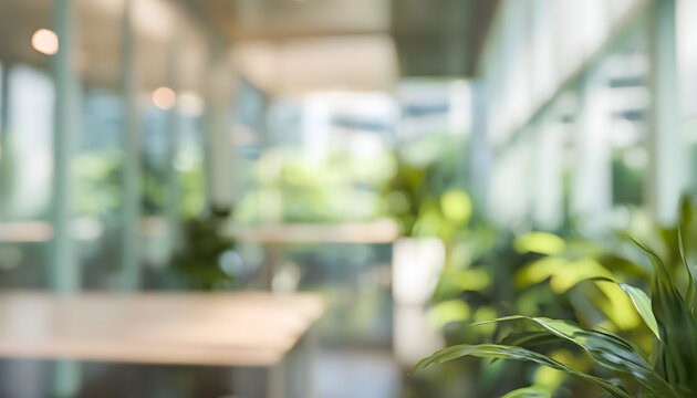 Abstract office interior background. Blurry office space. Modern workspace design. Glass walls, blurred furniture, and plants. Natural light, commercial buildings, business concepts, indoors. High qua