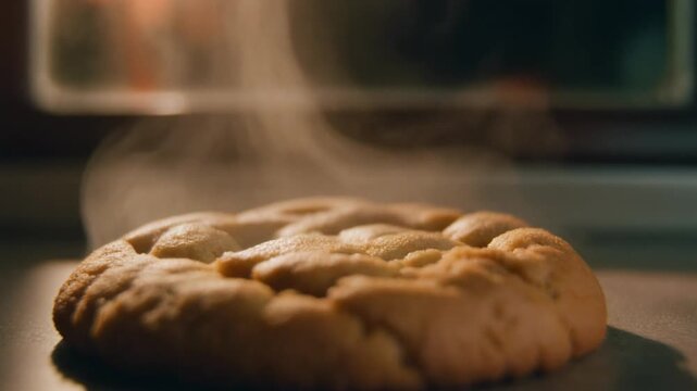 Close-up shot of a freshly baked cookie with steam rising, highlighting its warm texture and delicious appearance