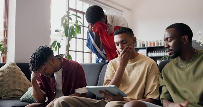 Disappointed, people and sports with tablet in home for missed score, match loss and fail. Annoyed, friends and streaming with digital for soccer challenge, penalty reaction and football tournament