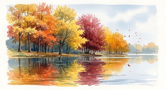 A serene watercolor landscape captures the breathtaking beauty of an autumn forest bordering a calm lake during a crisp afternoon as vibrant hues of golden yellow amber orange and deep crimson red fol