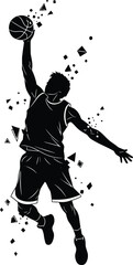 Basketball slam dunk silhouette illustration, dynamic sports artwork, fragmented motion design collection, black white figure set, stylized athlete profiles © Fenshi