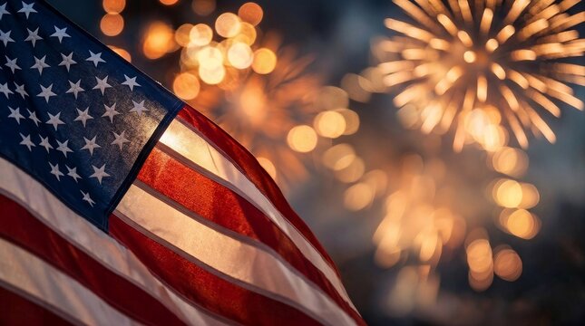 Close up of American flag with beautiful warm golden fireworks bokeh background