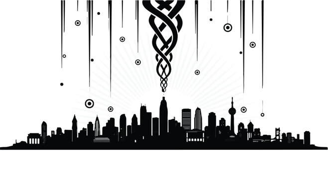 City skyline silhouette features a stylized swirling caduceus symbol rising.
