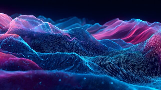 Abstract flowing neon waves with glowing particles forming digital landscape representing data streams futuristic technology visualization motion energy fluid dynamics and modern virtual environment