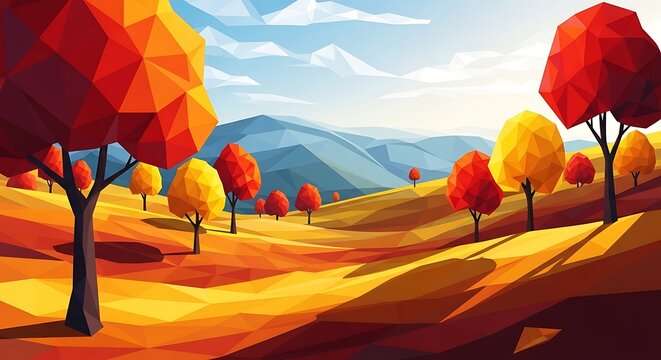 A breathtaking geometric autumn landscape scene captures the essence of fall with vibrant orange and red trees scattered across rolling golden hills that gently slope towards majestic mountains rising