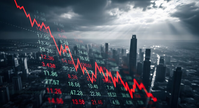 Stock market crash downward trend red graph cityscape dark sky with bear market
