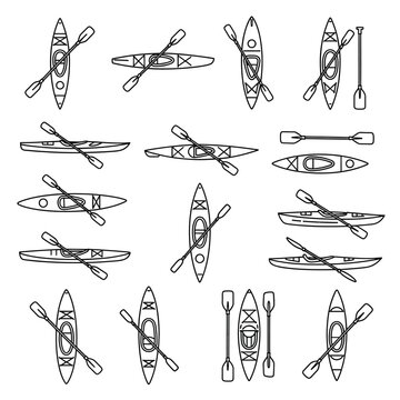 Collection of various kayaks and paddles in different orientations