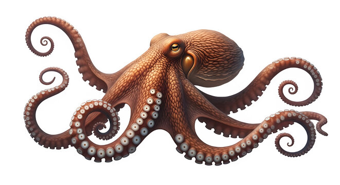 An octopus isolated on transparent background with its tentacles curled up and suckers visible