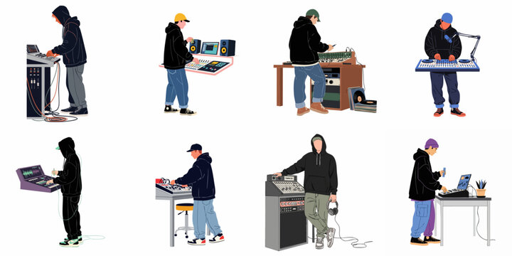 Vector illustration set of young music producers and DJs working with professional audio equipment, mixing consoles, and turntables on a white background.