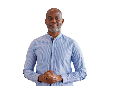 Confident mature african american businessman smiling, standing with hands clasped, wearing striped shirt, transparent background