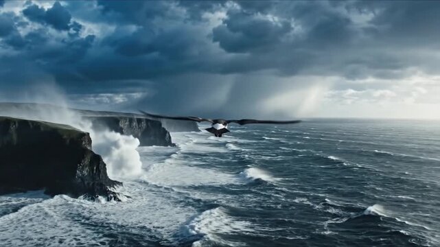 Mythical Dragon Soaring Over Stormy Coastline Cliffs