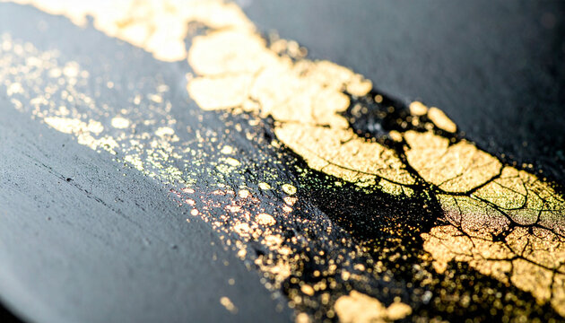 Luxurious glossy black Urushi lacquer surface with delicate gold leaf patterns and scattered gold dust, macro photography.