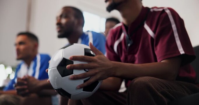 Hands, watching tv and friends with soccer ball, frustrated or match loss with rival competition. Football, sports fans and man with television, support team or disappointed with game results in home