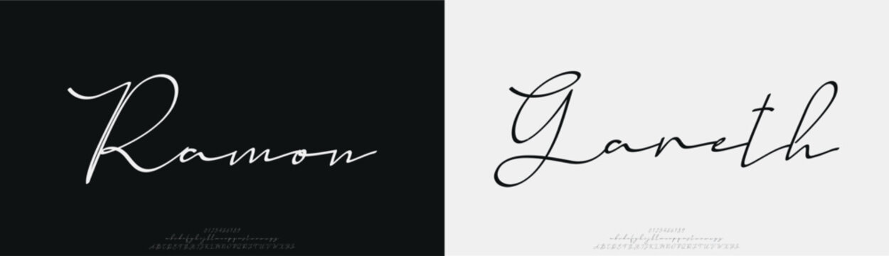 Ramon Ganeth, Script elegant alphabet beauty logo font. Classic beautiful Modern luxury Serif Letter Minimal Fashion. Typography decoration logotype fonts, wedding, logos. vector illustration
