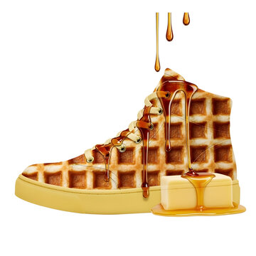 Surreal 3D Concept of a High Top Sneaker Made of Toasted Waffle with Melting Butter Pat and Dripping Maple Syrup Isolated on White