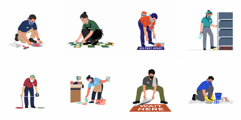 Fototapeta premium Vector illustration set of diverse retail workers installing social distancing floor stickers and safety signs in stores during the COVID-19 pandemic.