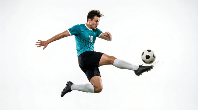 Young soccer player kicking ball in mid-air action