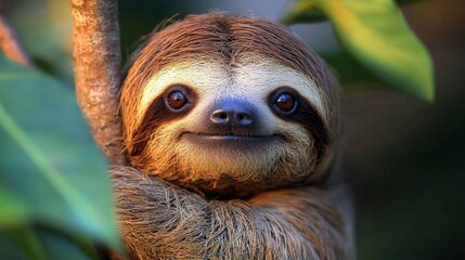 Naklejka premium The good-natured face of a slow-moving sloth perched on a tree branch will highlight the natural beauty of the surroundings, making it the perfect backdrop for environmental presentations.
