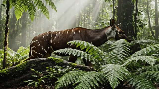 Okapi Cautiously Steps Through Misty Rainforest
