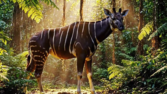 Okapi with Striking Stripes Walks Through Sunlit Forest