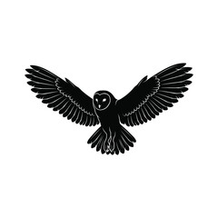 Fototapeta premium Black silhouette of an owl in flight with outstretched wings on white background