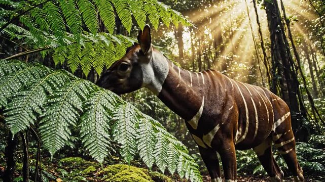 Okapi Peering from Lush Ferns in Sunlit Forest