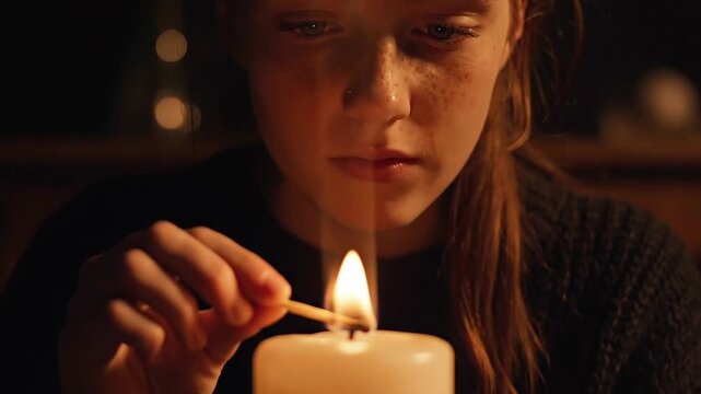 Young girl lighting candle with a match in dimly lit room  