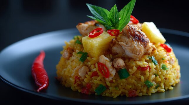 Homemade Thai fried rice with pineapple and chicken, bright, fresh, and delicious look.