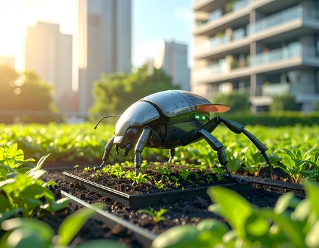 Robotic mechanical insect drone walking on miniature green landscape before blurred urban buildings
