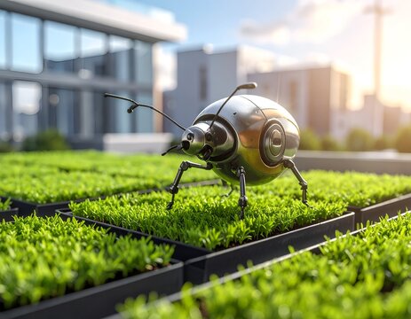Futuristic metallic cybernetic beetle robot crawling on green lawn moss patch in modern city park