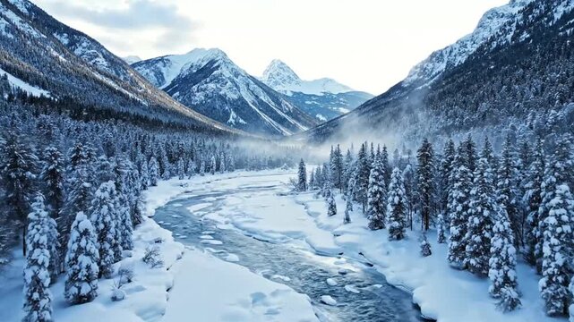 Snowy mountain landscape with frozen river.