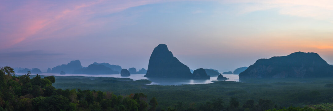 tropical islands in the phang nga bay from samet nangshe viewpoint at sunset in krabi in thailand