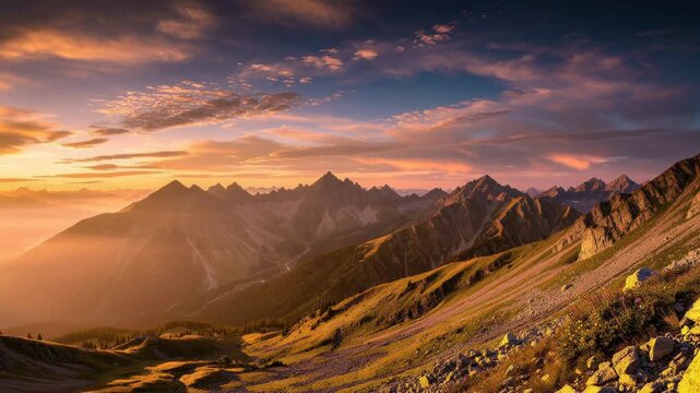 Golden sunlight bathes jagged mountain peaks and lush green valleys with drifting clouds and vibrant nature