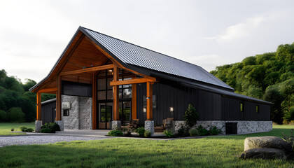 Obraz premium The spacious country house, with a large porch, stone foundation, and metal roof, is surrounded by a green lawn in a black modern barndominium home with wood accents.