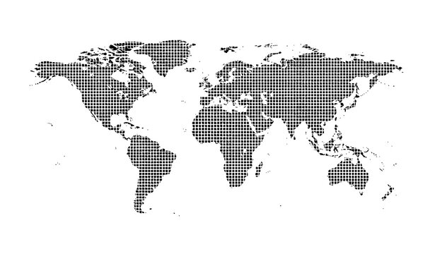 Global pixel world map made of square dots modern digital style vector illustration isolated on white background
