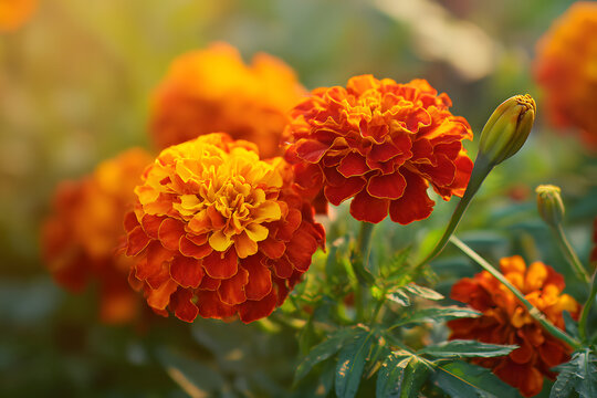 In summer, French marigolds and Tagetes patula flowers are blooming.