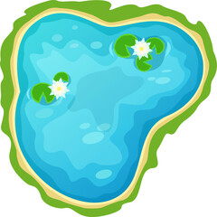 Natural freshwater pond ecosystem with blooming water lilies