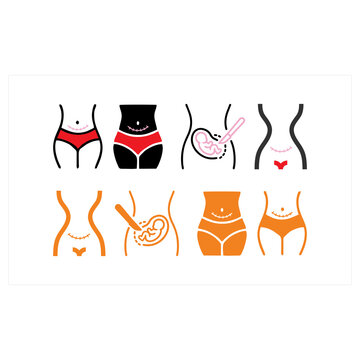 Printcesarean section icon with scar, line and solid design, Woman cares for her body after childbirth by applying medical ointment to surgical incision. Postpartum recovery process and skin care for 