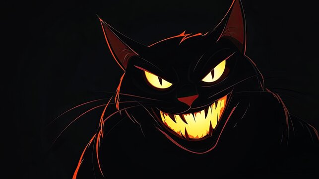 A cartoon black cat with glowing yellow eyes and sharp teeth is depicted in a menacing pose against a dark background.