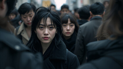 Obraz premium 雑踏の中ですれ違うような距離感を漂わせる日本人女性二人の都会の情景