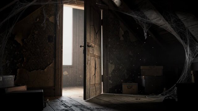 Old cracked wooden door creaks open in dusty abandoned attic with vintage atmosphere